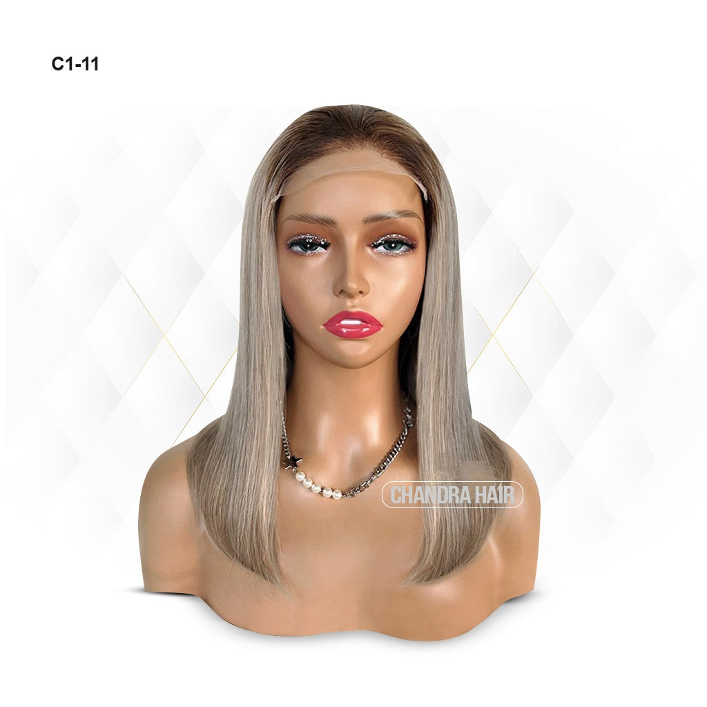 Balayage HD glueless salon wig, model C11, in 9A virgin hair, front view on mannequin