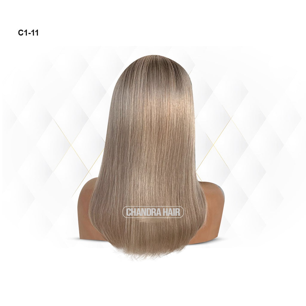 Balayage HD glueless salon wig, model C11, in 9A virgin hair, back view showing color blend