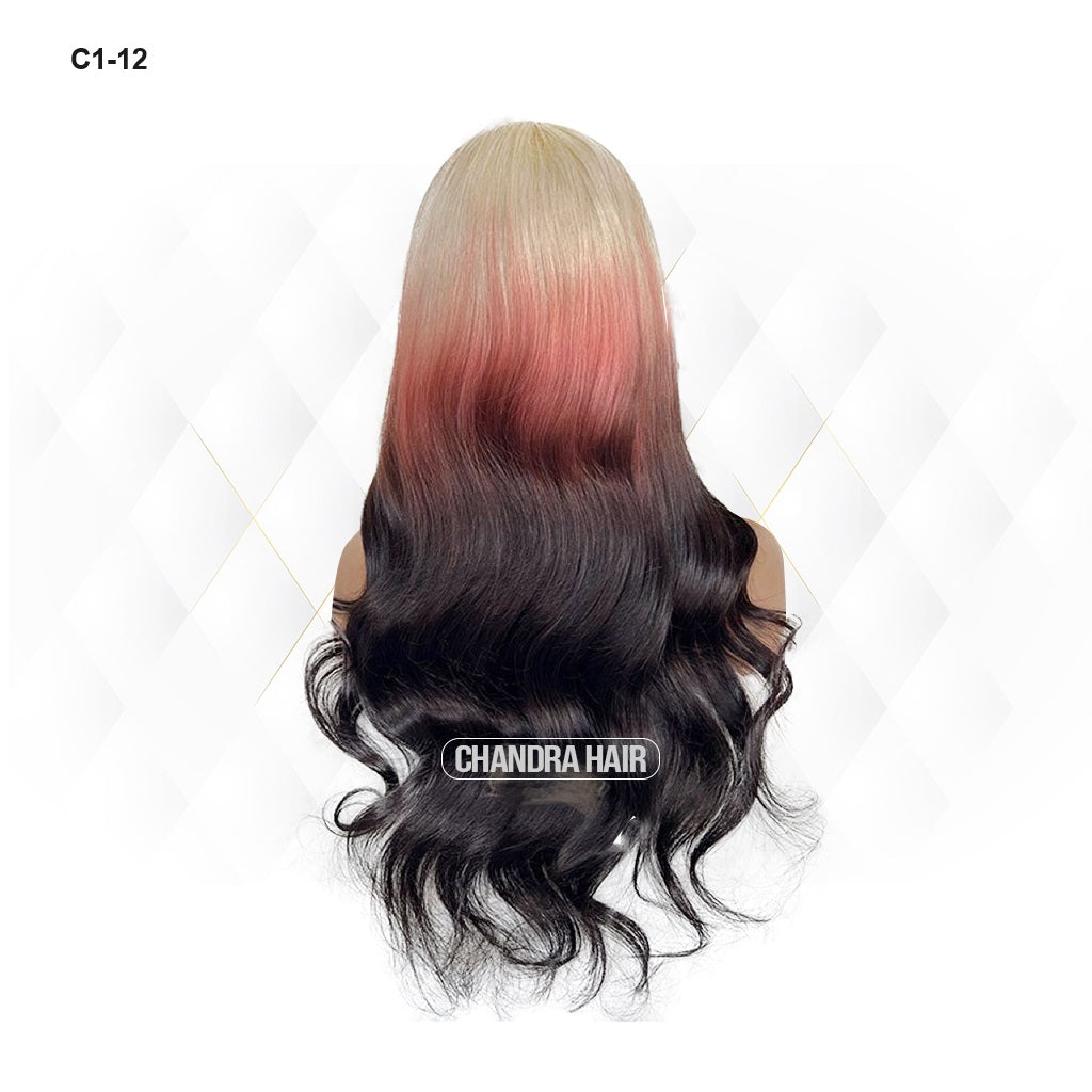 Balayage HD glueless salon wig, model C12, in 9A virgin hair, back view showing color blend