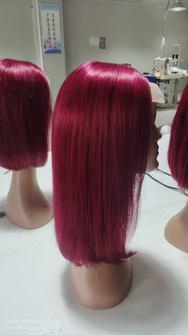 PELUCA BOB SIN PEGAMENTO GRADO 9A 5x5 #99J Borgoña TODAS LAS TEXTURAS