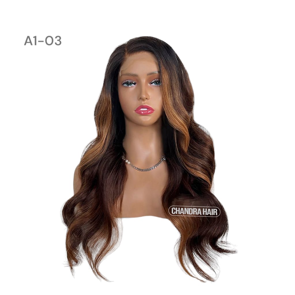 Balayage HD glueless salon wig, model A3, in 9A virgin hair, front view on mannequin