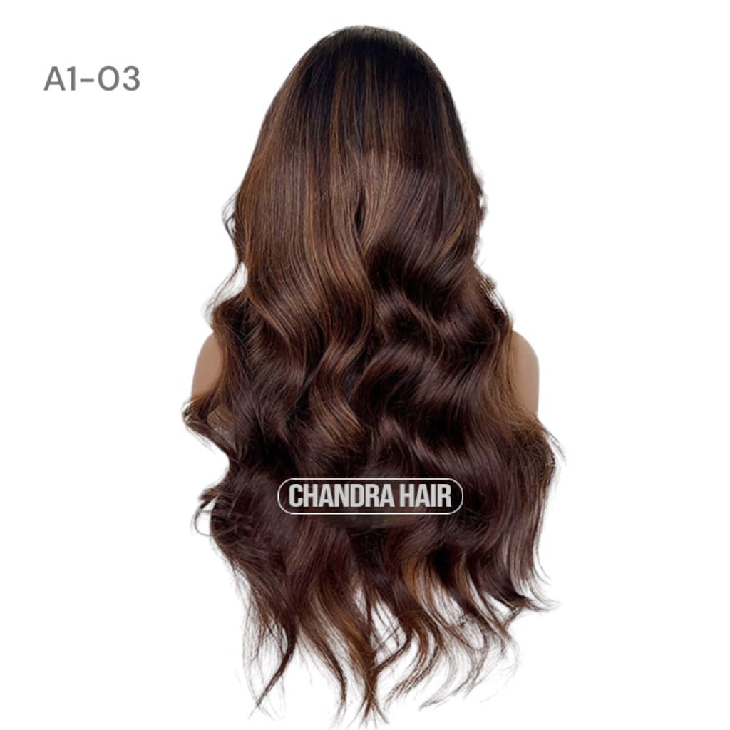 Balayage HD glueless salon wig, model A3, in 9A virgin hair, back view showing color blend