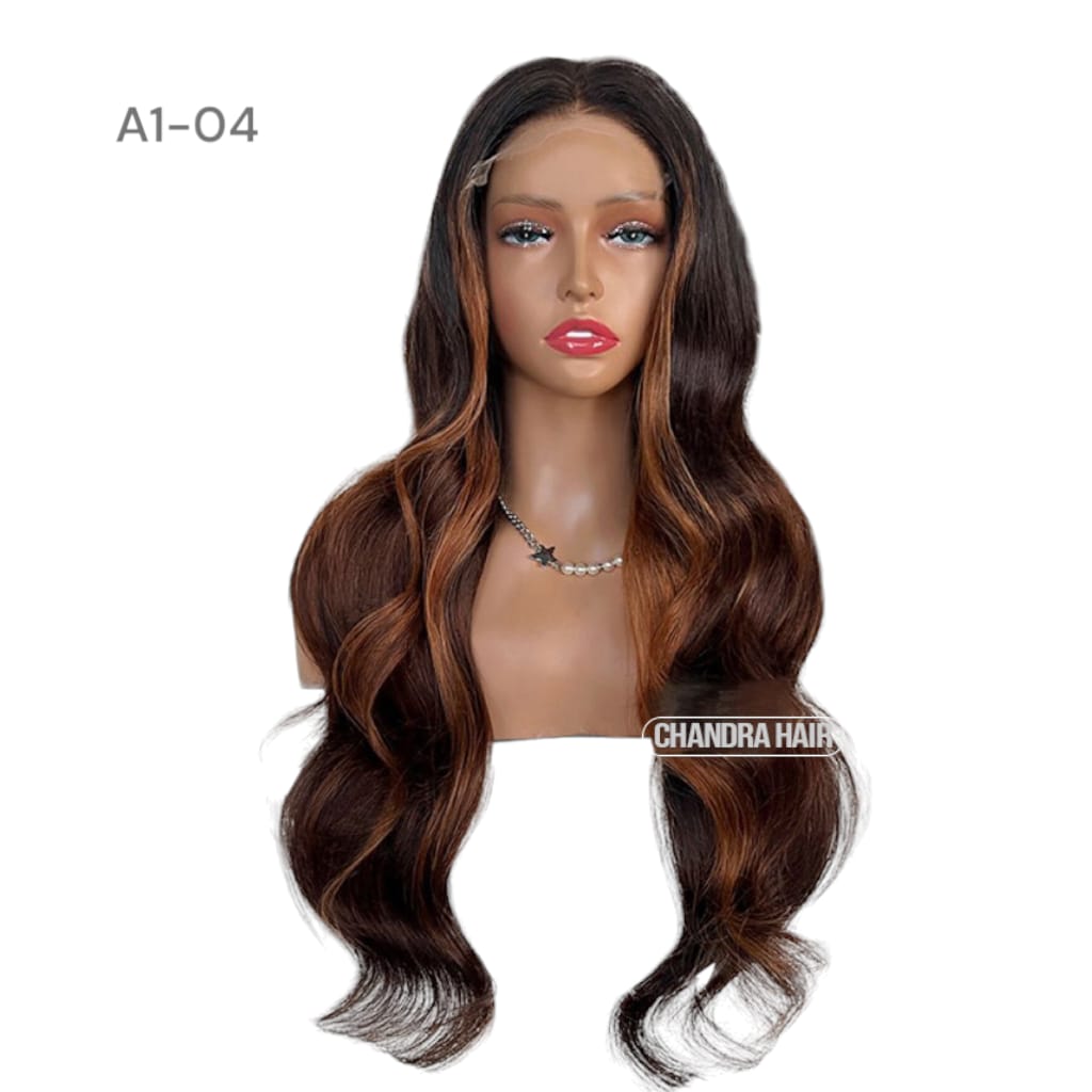 Balayage HD glueless salon wig, model A4, in 9A virgin hair, front view on mannequin