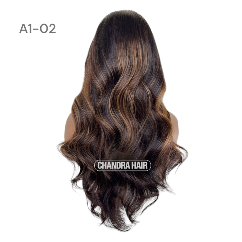 Balayage HD glueless salon wig, model A2, in 9A virgin hair, back view showing color blend