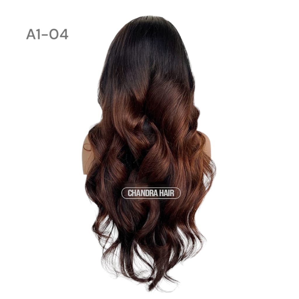 Balayage HD glueless salon wig, model A4, in 9A virgin hair, back view showing color blend