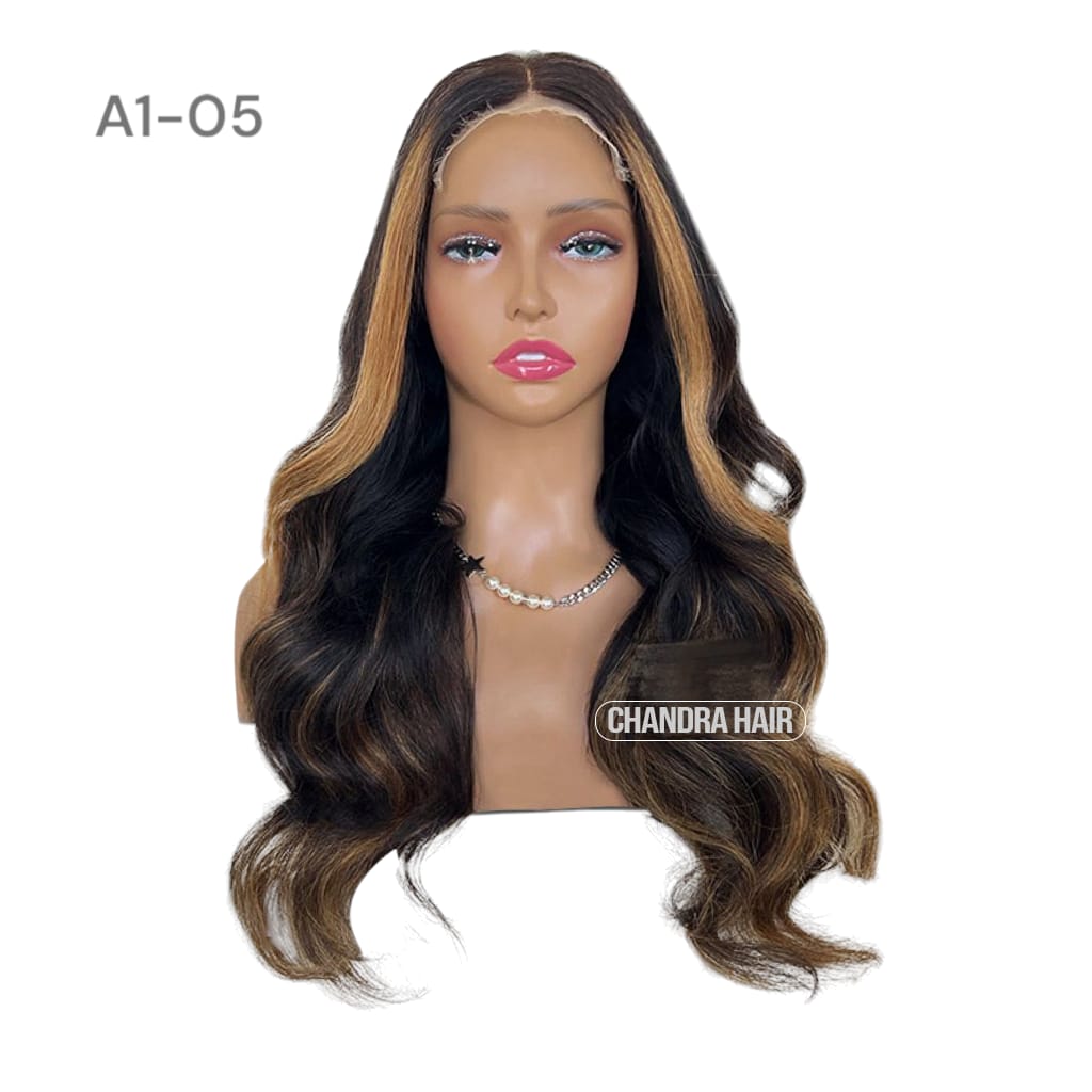 Balayage HD glueless salon wig, model A5, in 9A virgin hair, front view on mannequin