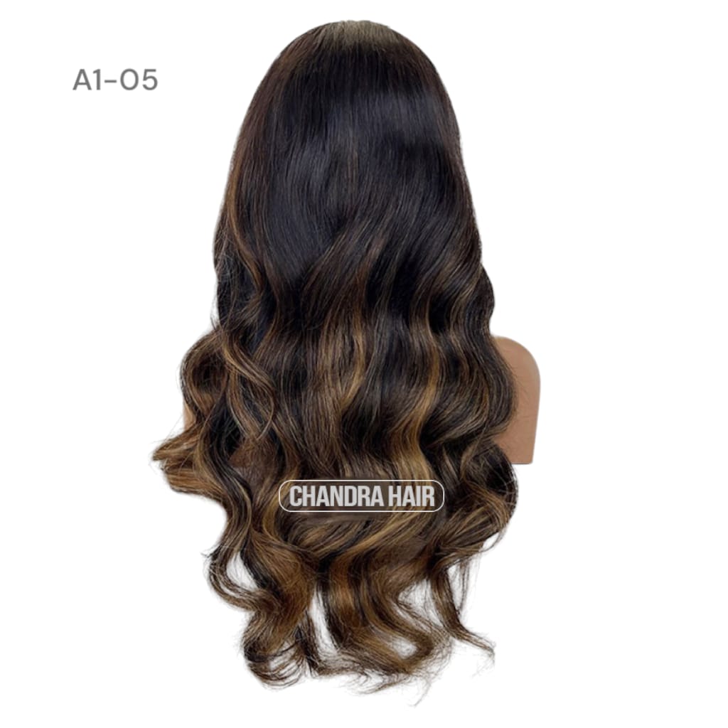 Balayage HD glueless salon wig, model A5, in 9A virgin hair, back view showing color blend
