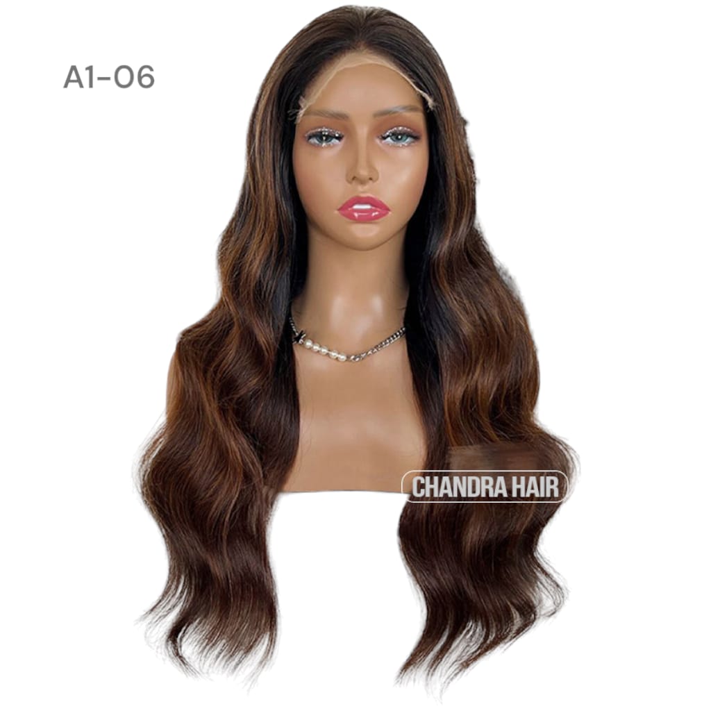 Balayage HD glueless salon wig, model A6, in 9A virgin hair, front view on mannequin