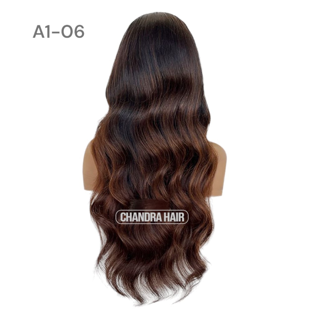 Balayage HD glueless salon wig, model A6, in 9A virgin hair, back view showing color blend