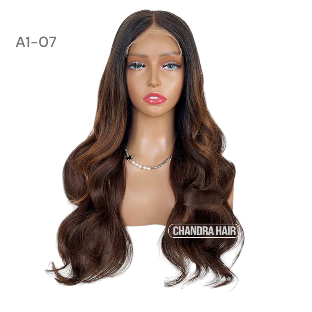 Balayage HD glueless salon wig, model A7, in 9A virgin hair, front view on mannequin