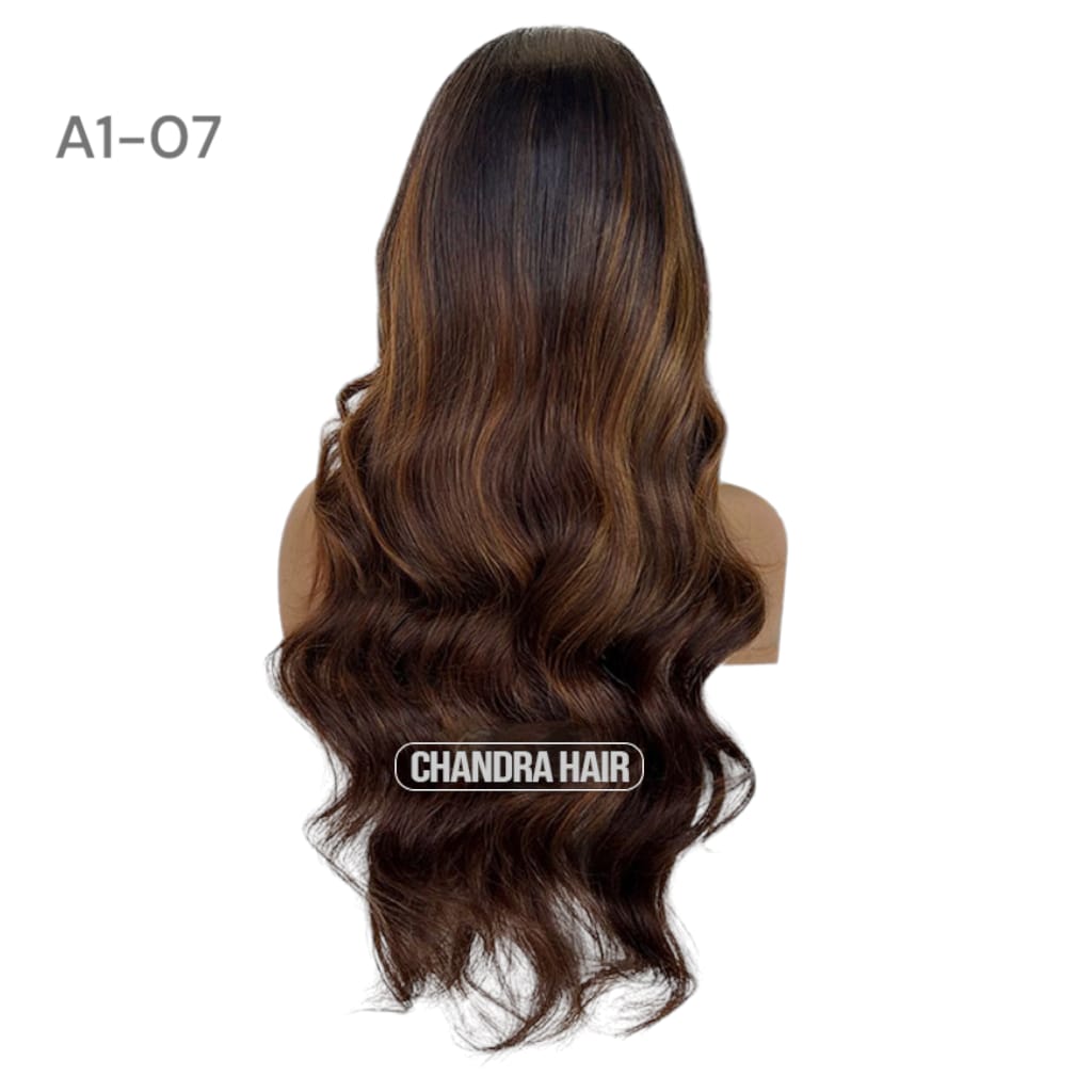 Balayage HD glueless salon wig, model A7, in 9A virgin hair, back view showing color blend