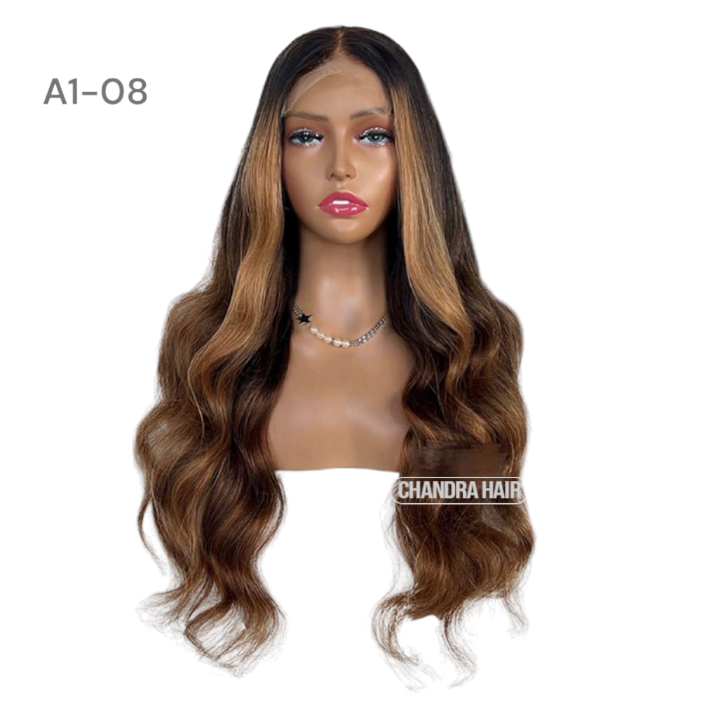 Balayage HD glueless salon wig, model A8, in 9A virgin hair, front view on mannequin