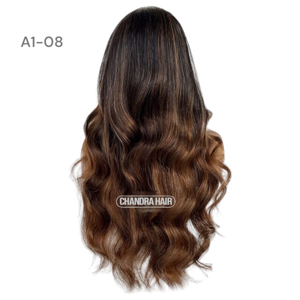Balayage HD glueless salon wig, model A8, in 9A virgin hair, back view showing color blend