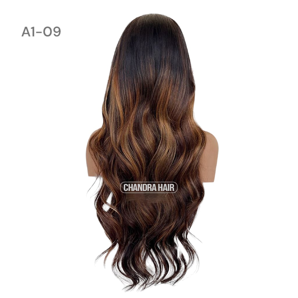 Balayage HD glueless salon wig, model A9, in 9A virgin hair, back view showing color blend