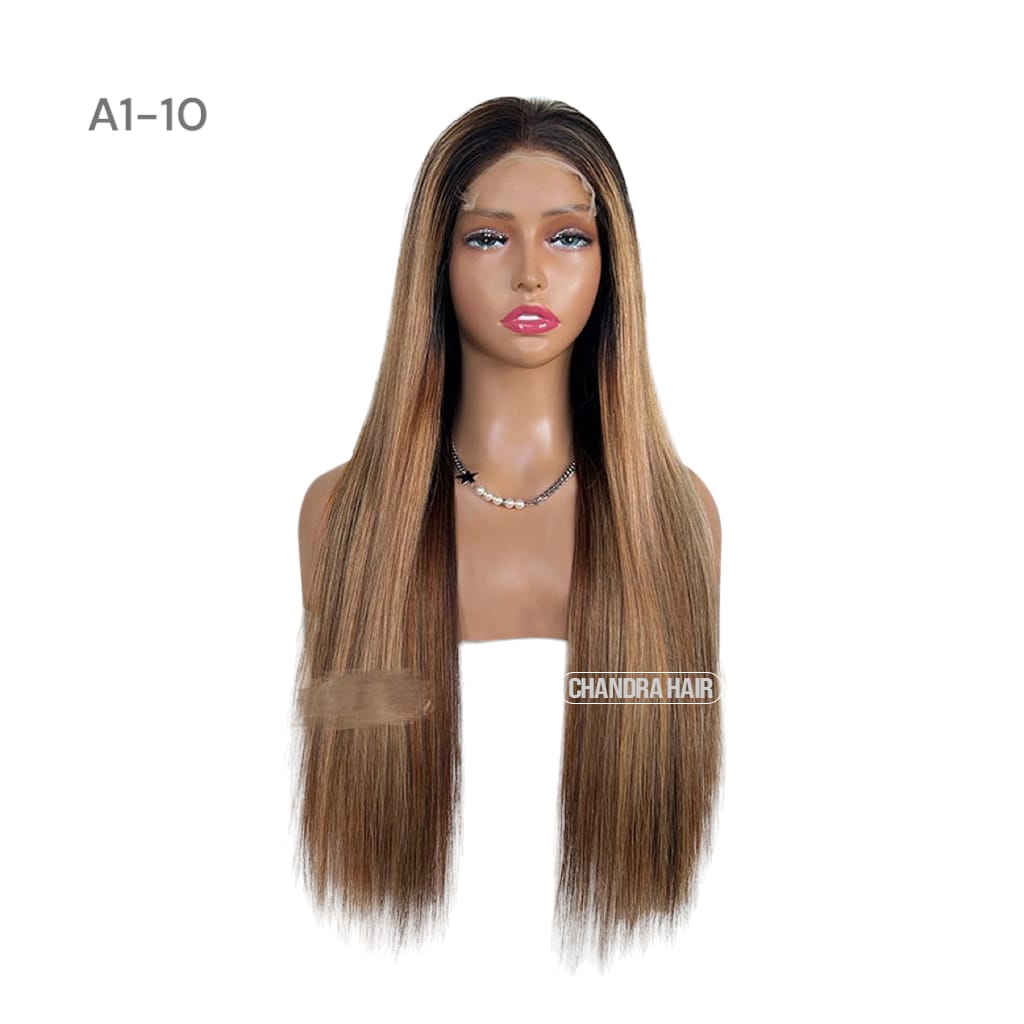 Balayage HD glueless salon wig, model A10, in 9A virgin hair, front view on mannequin