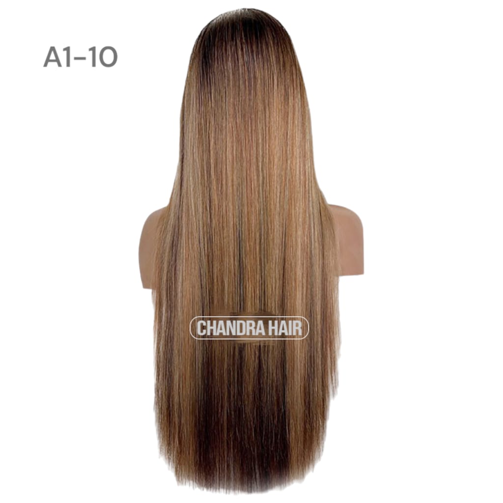 Balayage HD glueless salon wig, model A10, in 9A virgin hair, back view showing color blend