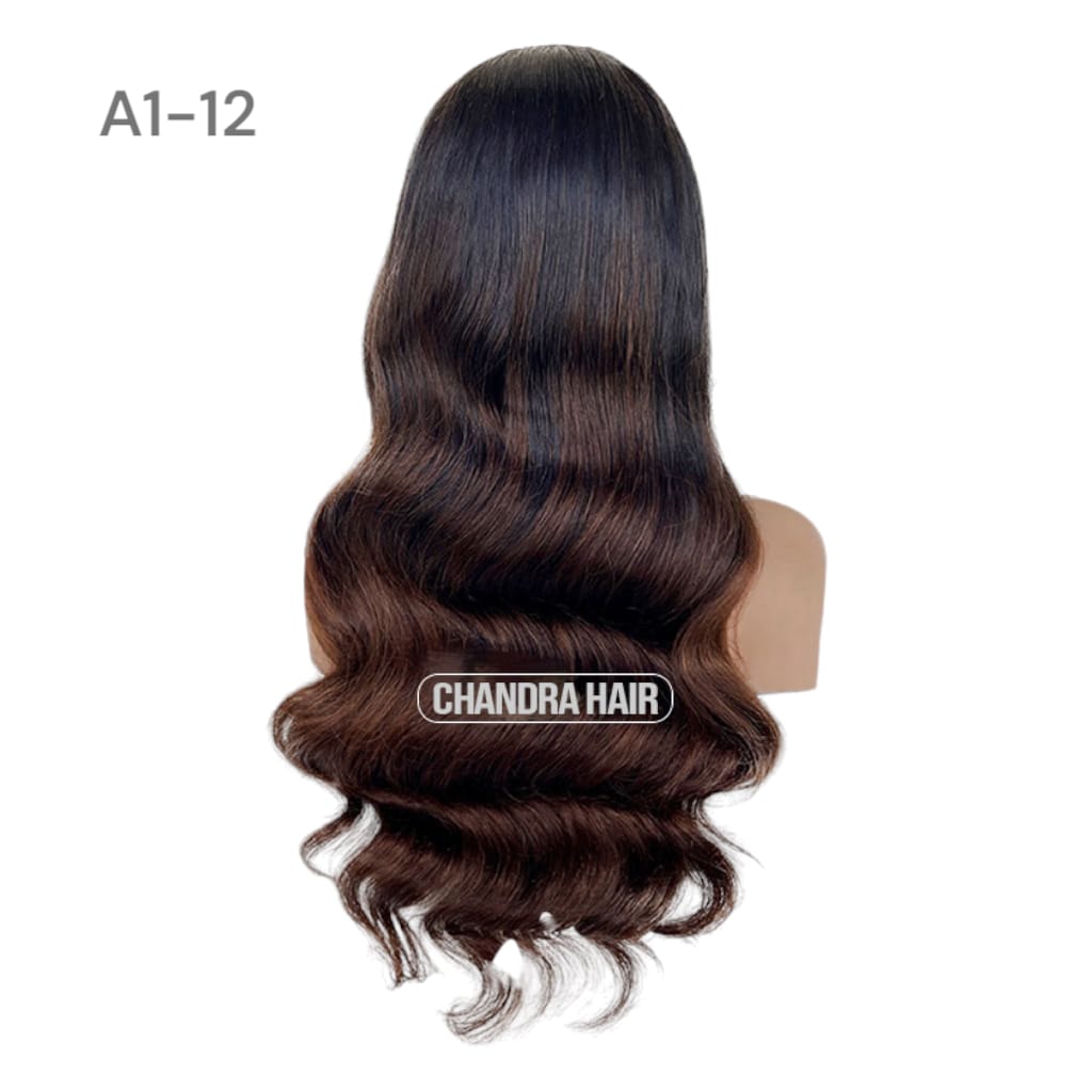 Balayage HD glueless salon wig, model A12, in 9A virgin hair, back view showing color blend