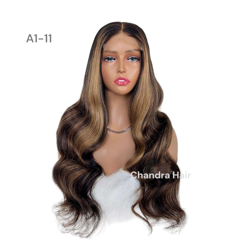 Balayage HD glueless salon wig, model A11, in 9A virgin hair, front view on mannequin
