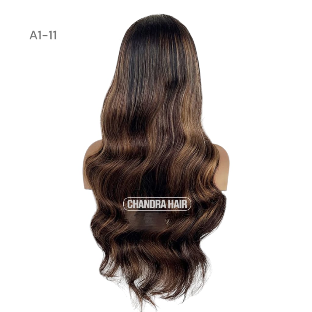 Balayage HD glueless salon wig, model A11, in 9A virgin hair, back view showing color blend