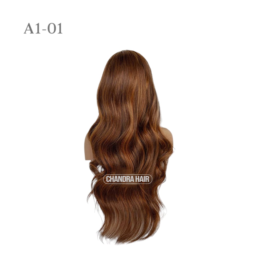 Balayage HD glueless salon wig, model A1, in 9A virgin hair, back view showing color blend