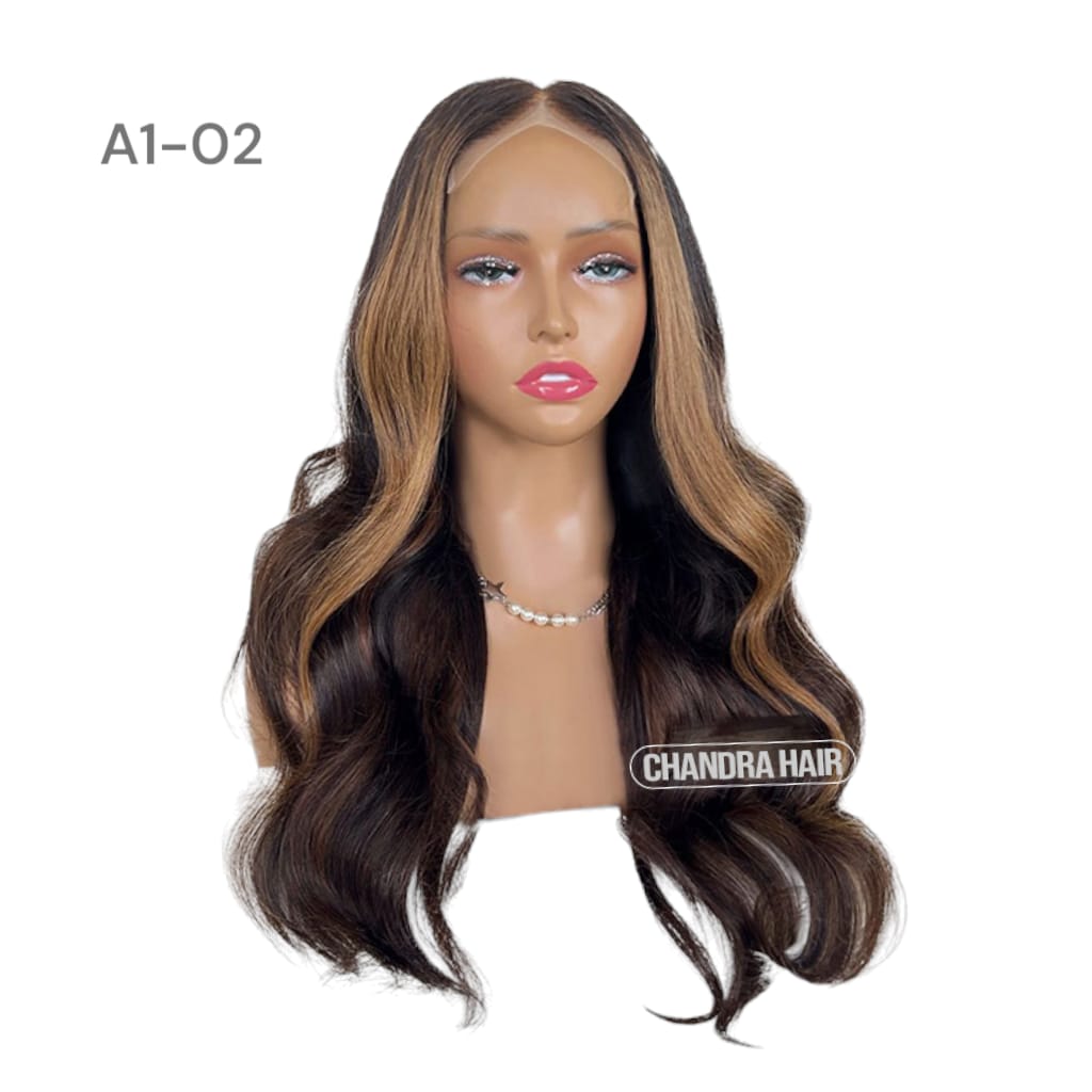 Balayage HD glueless salon wig, model A2, in 9A virgin hair, front view on mannequin