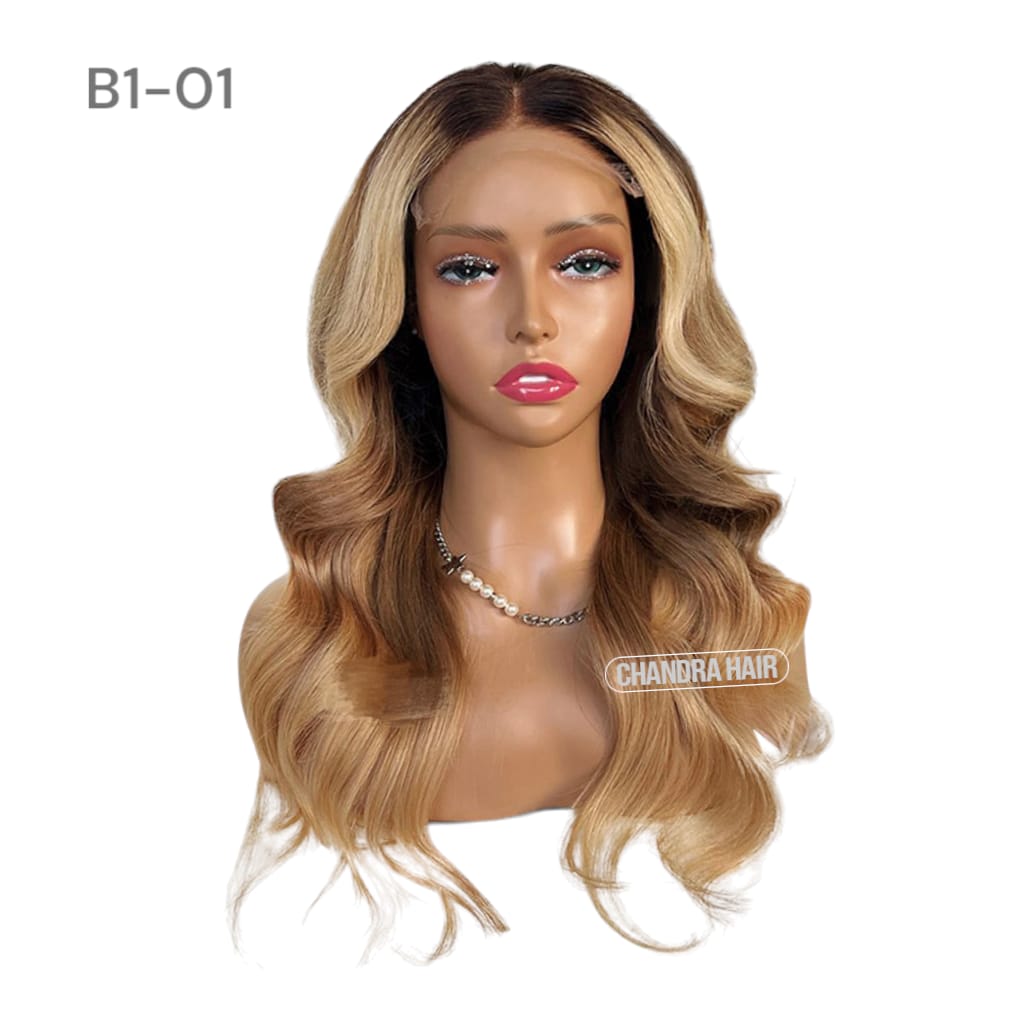 Balayage HD glueless salon wig, model B1, in 9A virgin hair, front view on mannequin