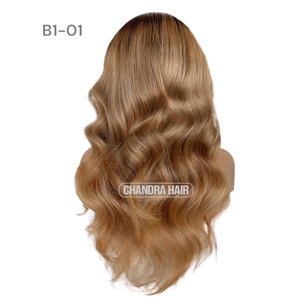 Balayage HD glueless salon wig, model B1, in 9A virgin hair, back view showing color blend