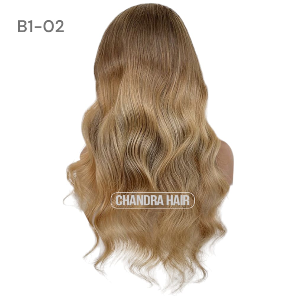 Balayage HD glueless salon wig, model B2, in 9A virgin hair, back view showing color blend