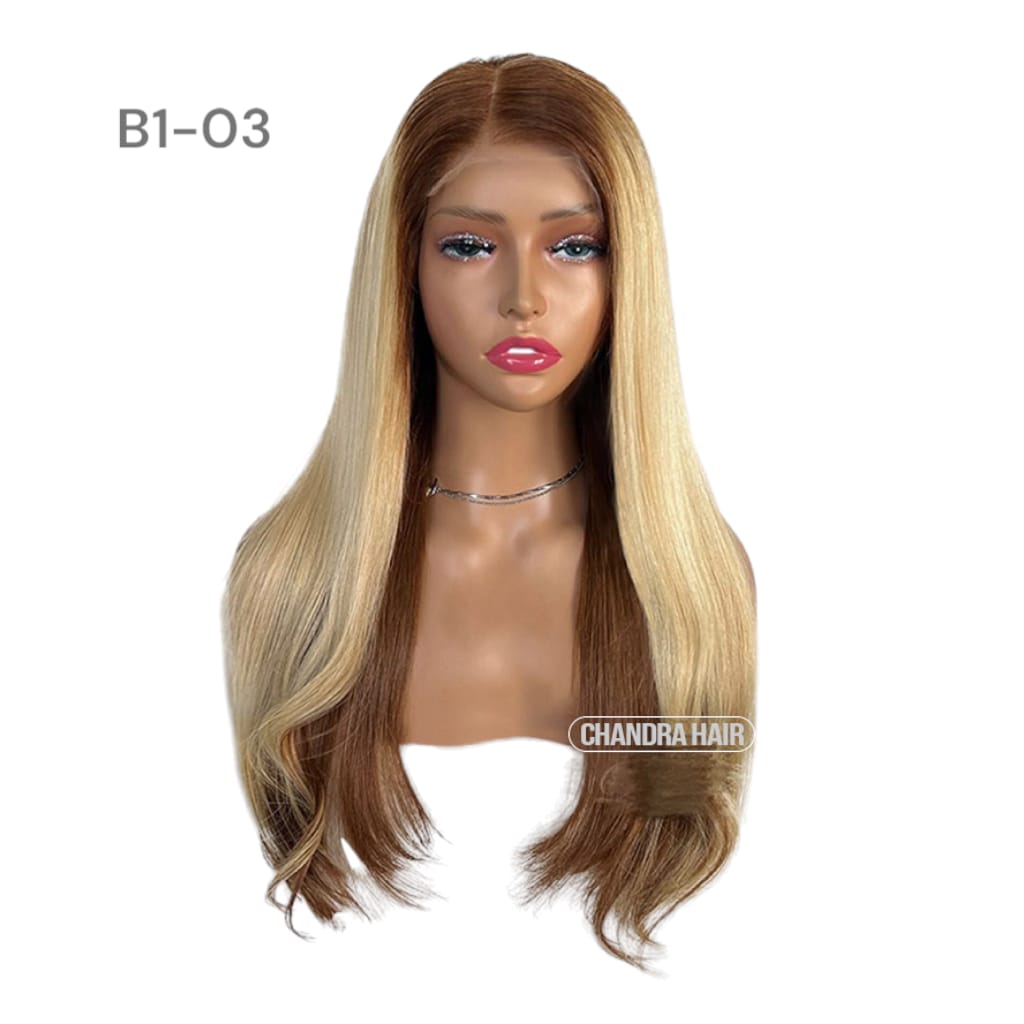 Balayage HD glueless salon wig, model B3, in 9A virgin hair, front view on mannequin