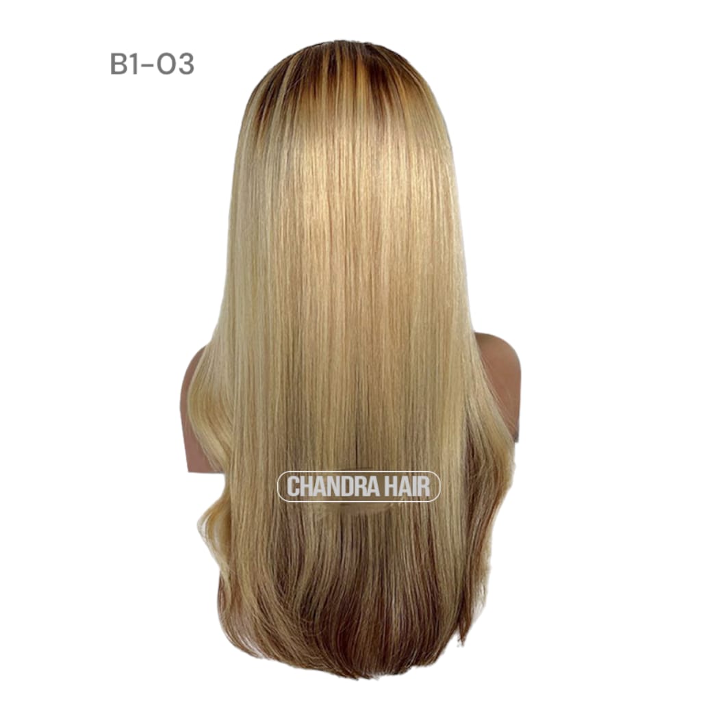 Balayage HD glueless salon wig, model B3, in 9A virgin hair, back view showing color blend