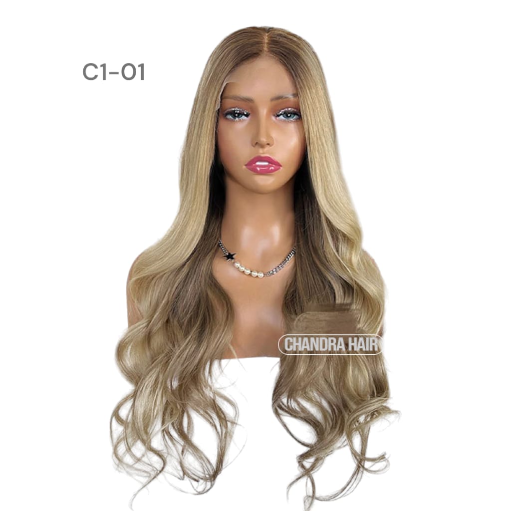 Balayage HD glueless salon wig, model C1, in 9A virgin hair, front view on mannequin