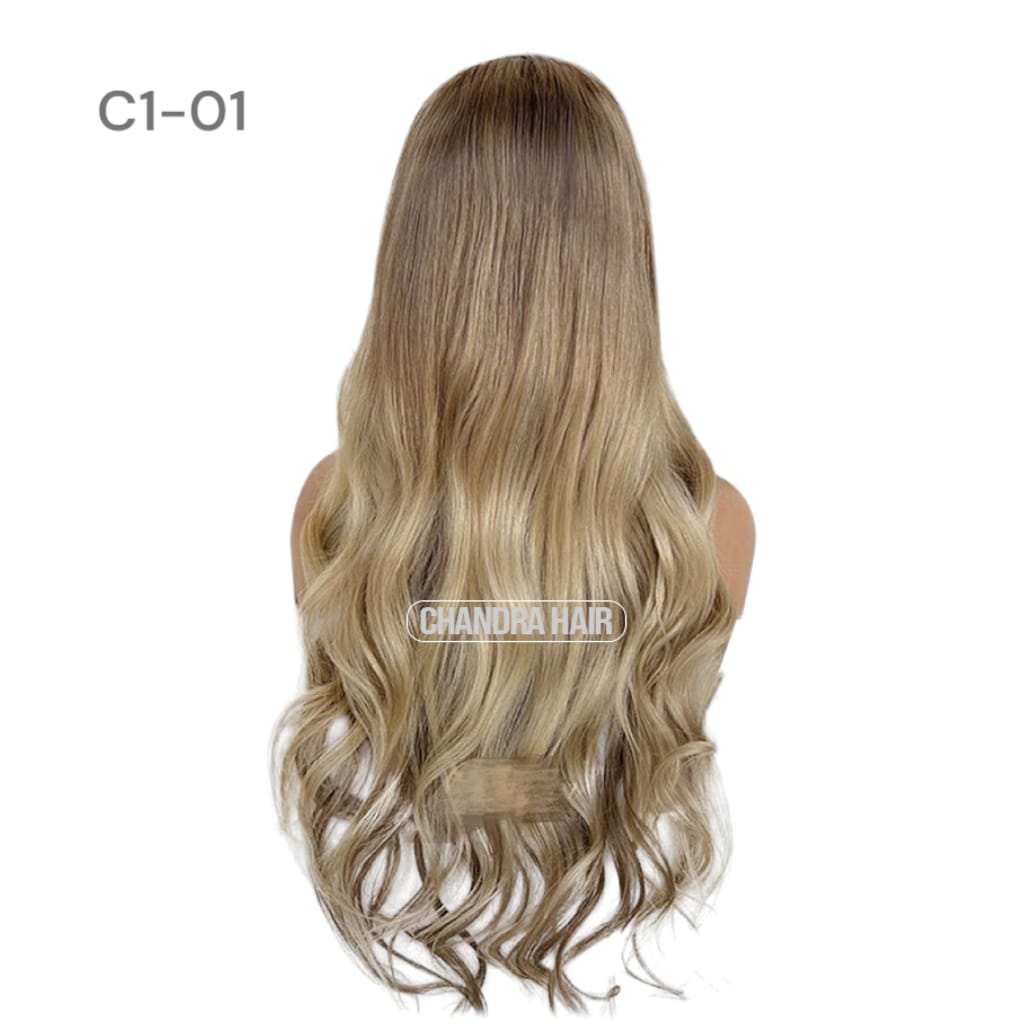 Balayage HD glueless salon wig, model C1, in 9A virgin hair, back view showing color blend