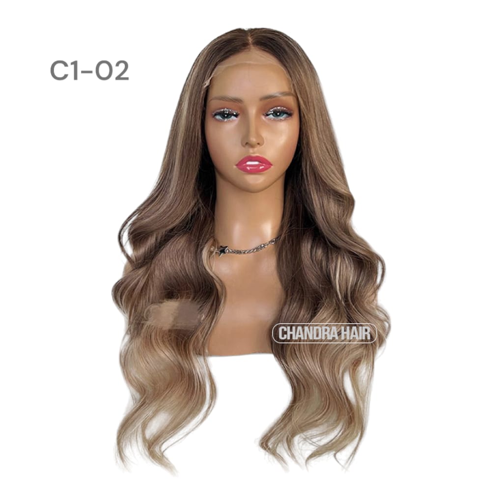 Balayage HD glueless salon wig, model C2, in 9A virgin hair, front view on mannequin