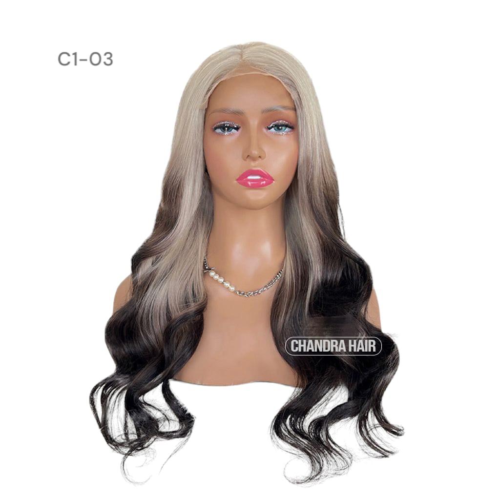 Balayage HD glueless salon wig, model C3, in 9A virgin hair, front view on mannequin