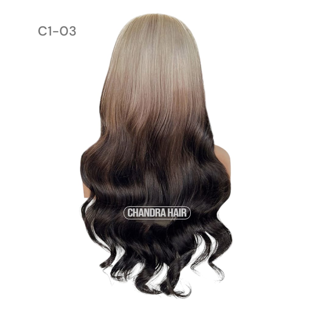 Balayage HD glueless salon wig, model C3, in 9A virgin hair, back view showing color blend