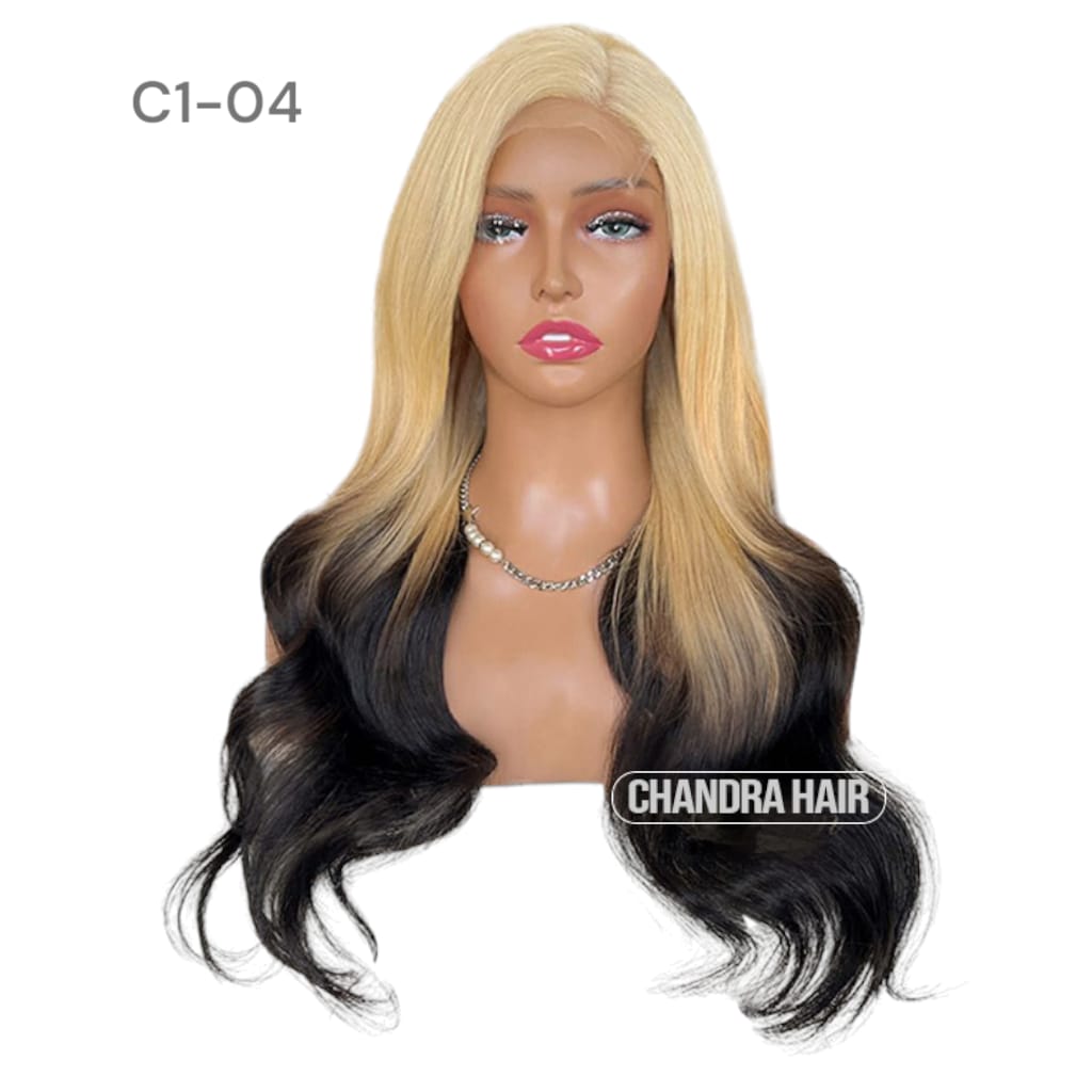 Balayage HD glueless salon wig, model C4, in 9A virgin hair, front view on mannequin