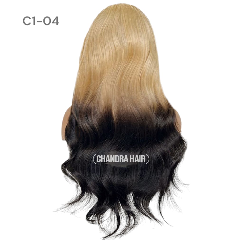 Balayage HD glueless salon wig, model C4, in 9A virgin hair, back view showing color blend