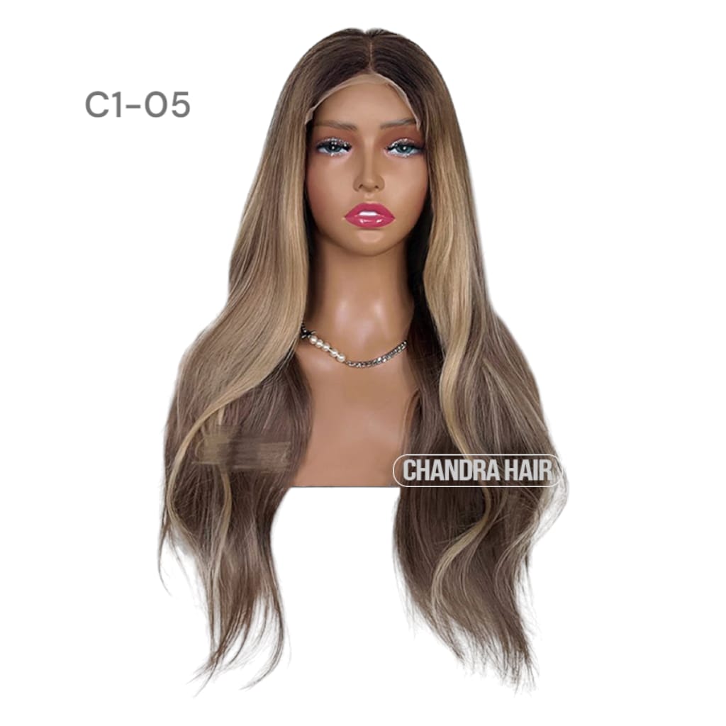 Balayage HD glueless salon wig, model C5, in 9A virgin hair, front view on mannequin