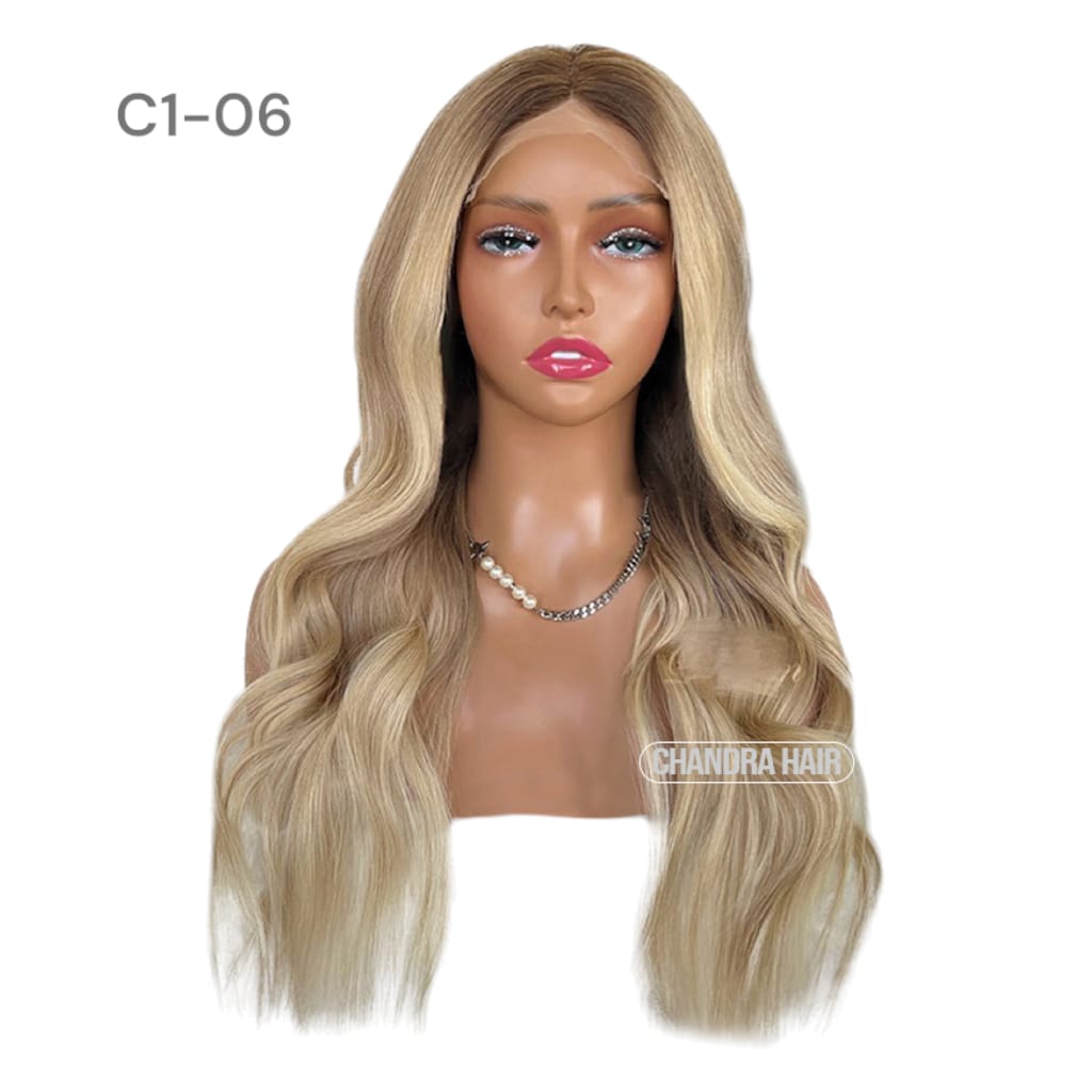 Balayage HD glueless salon wig, model C6, in 9A virgin hair, front view on mannequin