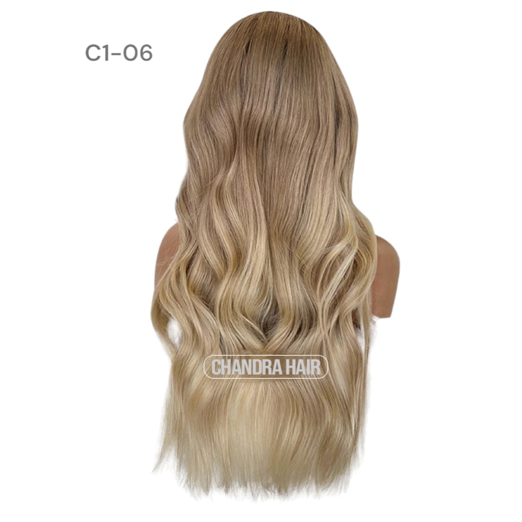 Balayage HD glueless salon wig, model C6, in 9A virgin hair, back view showing color blend