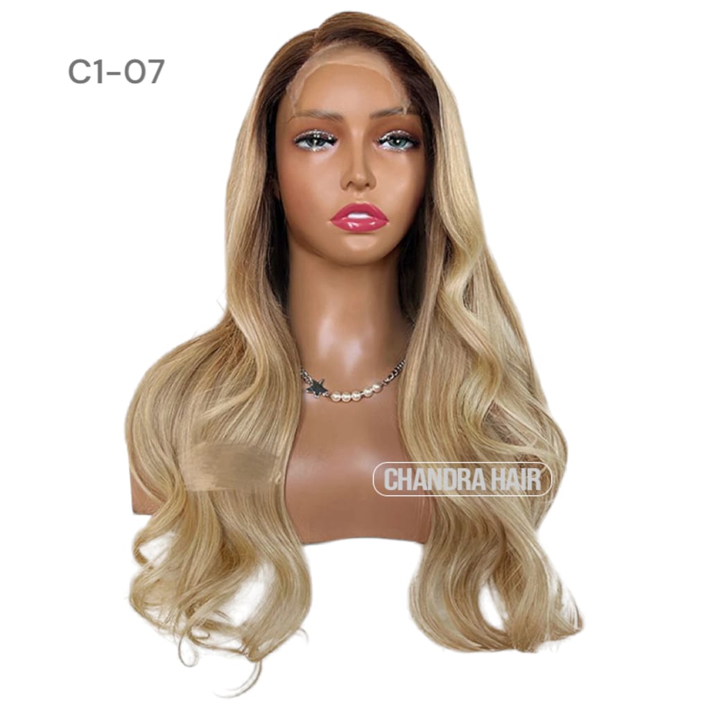 Balayage HD glueless salon wig, model C7, in 9A virgin hair, front view on mannequin