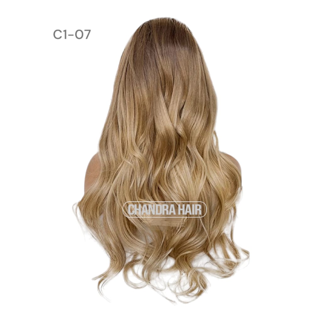 Balayage HD glueless salon wig, model C7, in 9A virgin hair, back view showing color blend