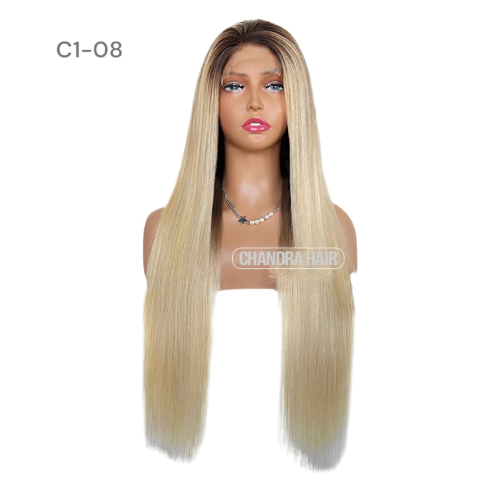 Balayage HD glueless salon wig, model C8, in 9A virgin hair, front view on mannequin