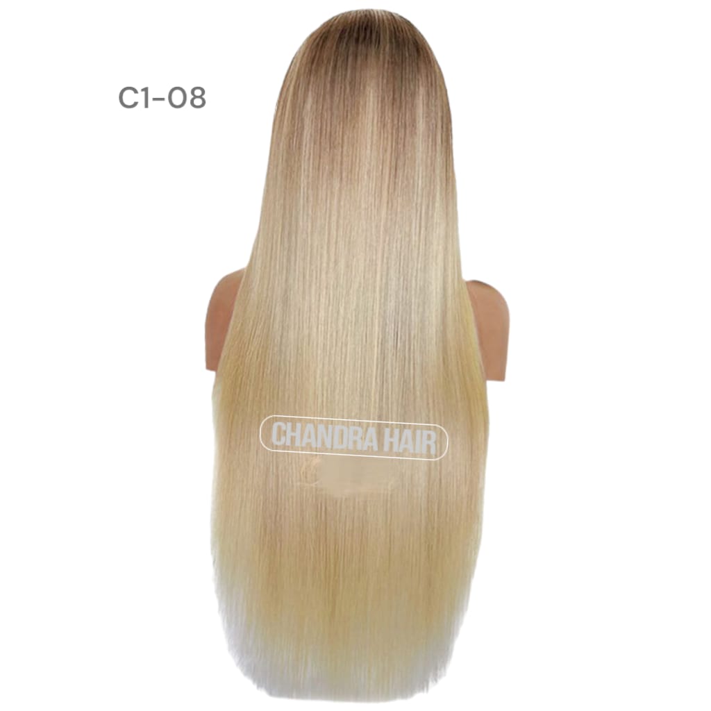 Balayage HD glueless salon wig, model C8, in 9A virgin hair, back view showing color blend