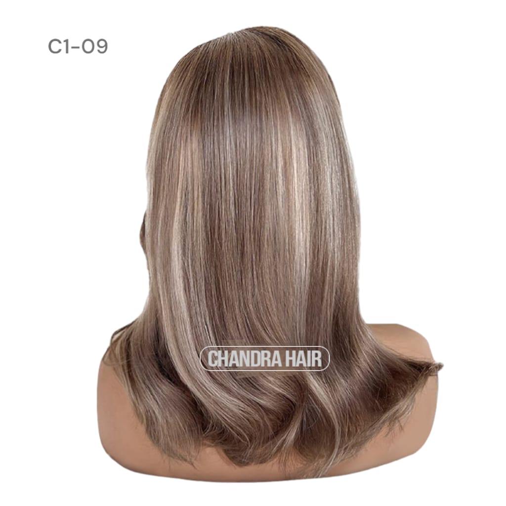 Balayage HD glueless salon wig, model C9, in 9A virgin hair, back view showing color blend
