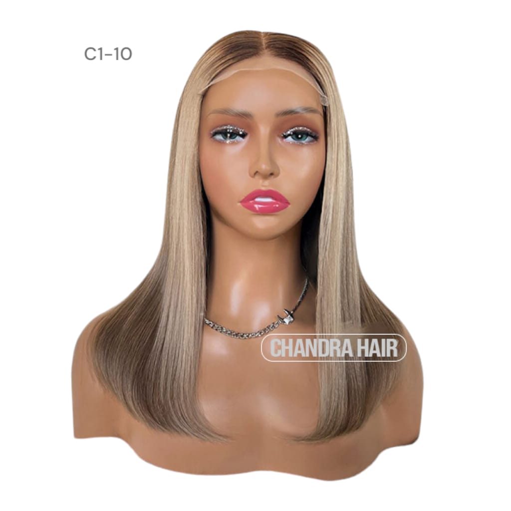 Balayage HD glueless salon wig, model C10, in 9A virgin hair, front view on mannequin