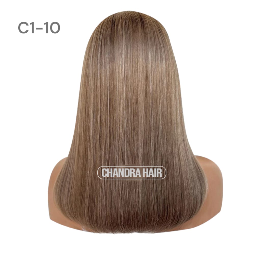 Balayage HD glueless salon wig, model C10, in 9A virgin hair, back view showing color blend
