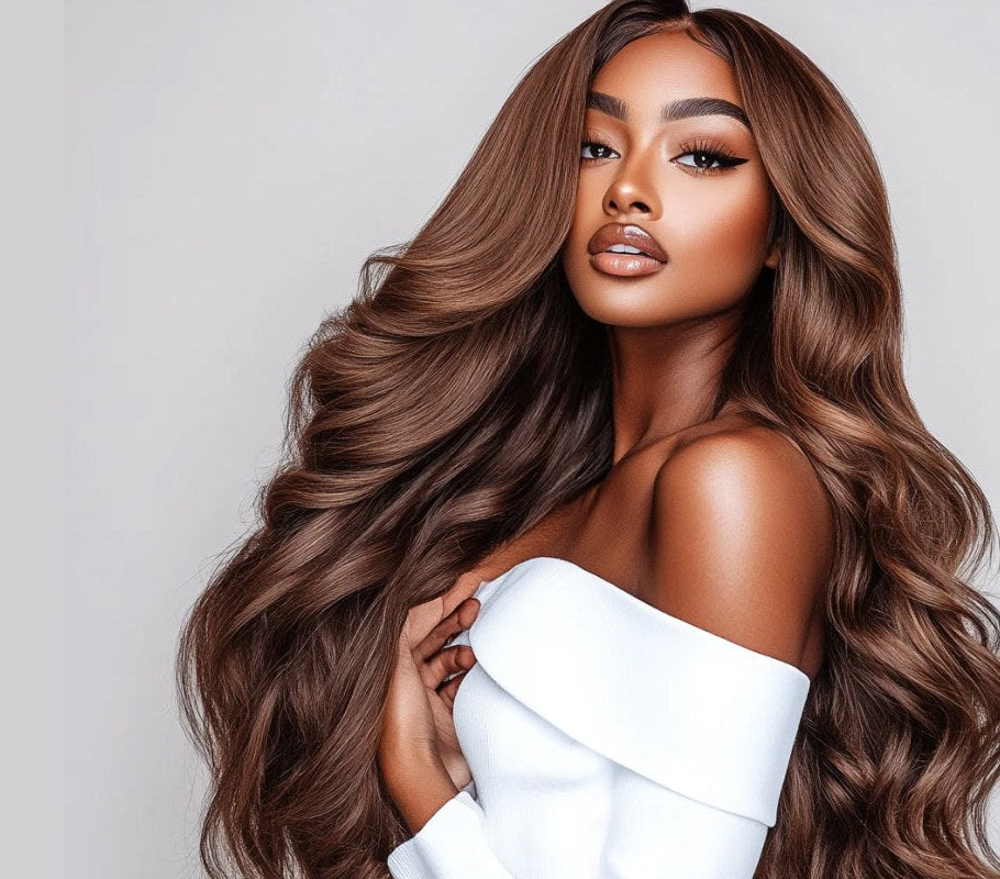 Model wearing long brown wavy Chandra Hair extensions