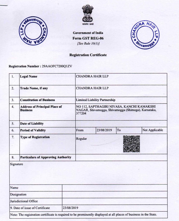 Certificat d’enregistrement GST, Chandra Hair LLP (Inde)
