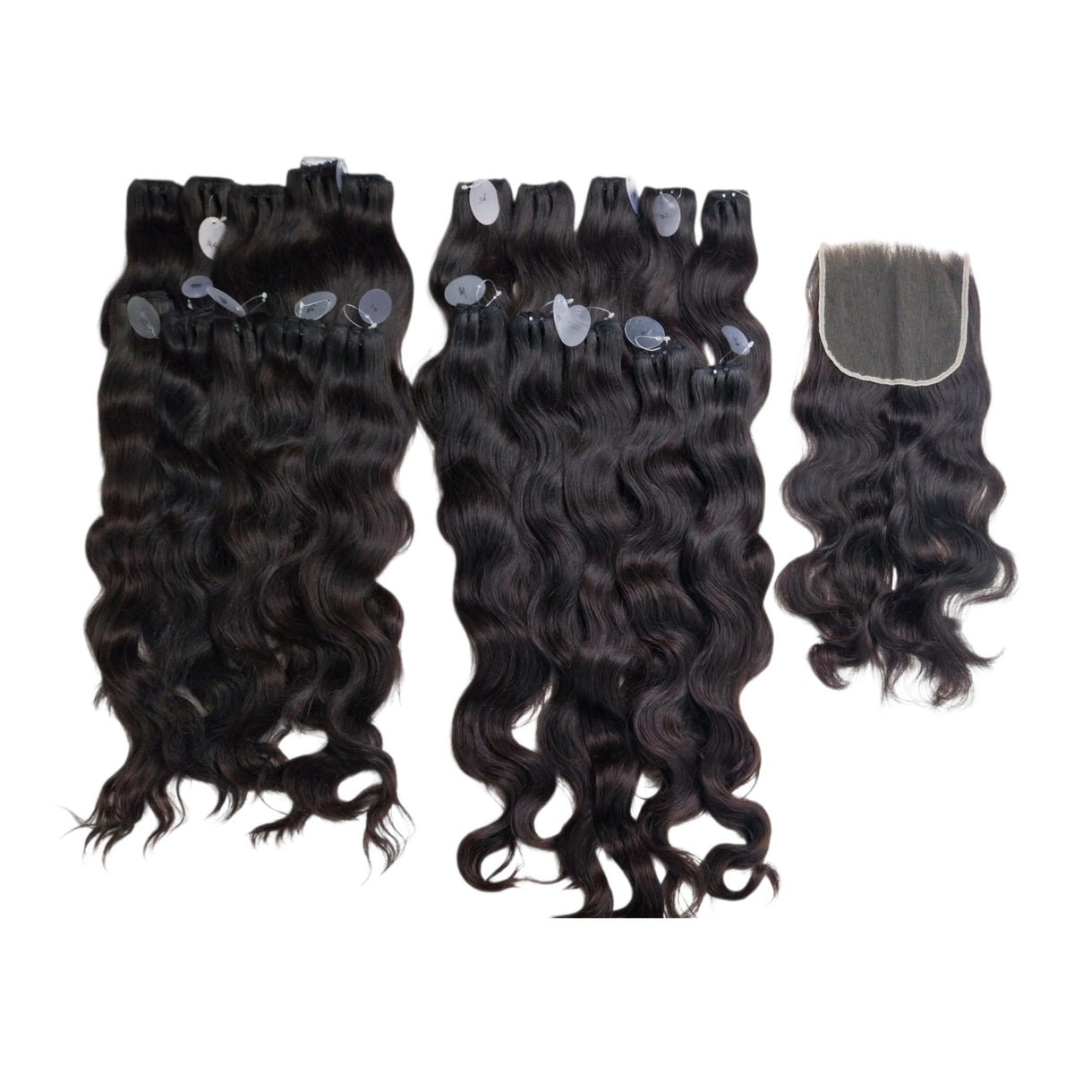 South Indian raw natural wavy hair bundles and matching closure on a white background, Chandra Hair